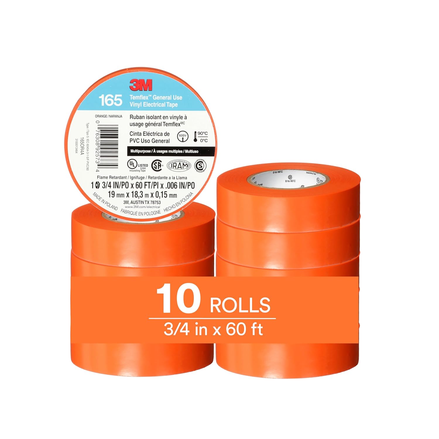 3M Temflex Vinyl Electrical Tape 165, Black, 3/4 in x 60 ft (19 mm x 18 m), 6 mil, 100 Rolls/Case