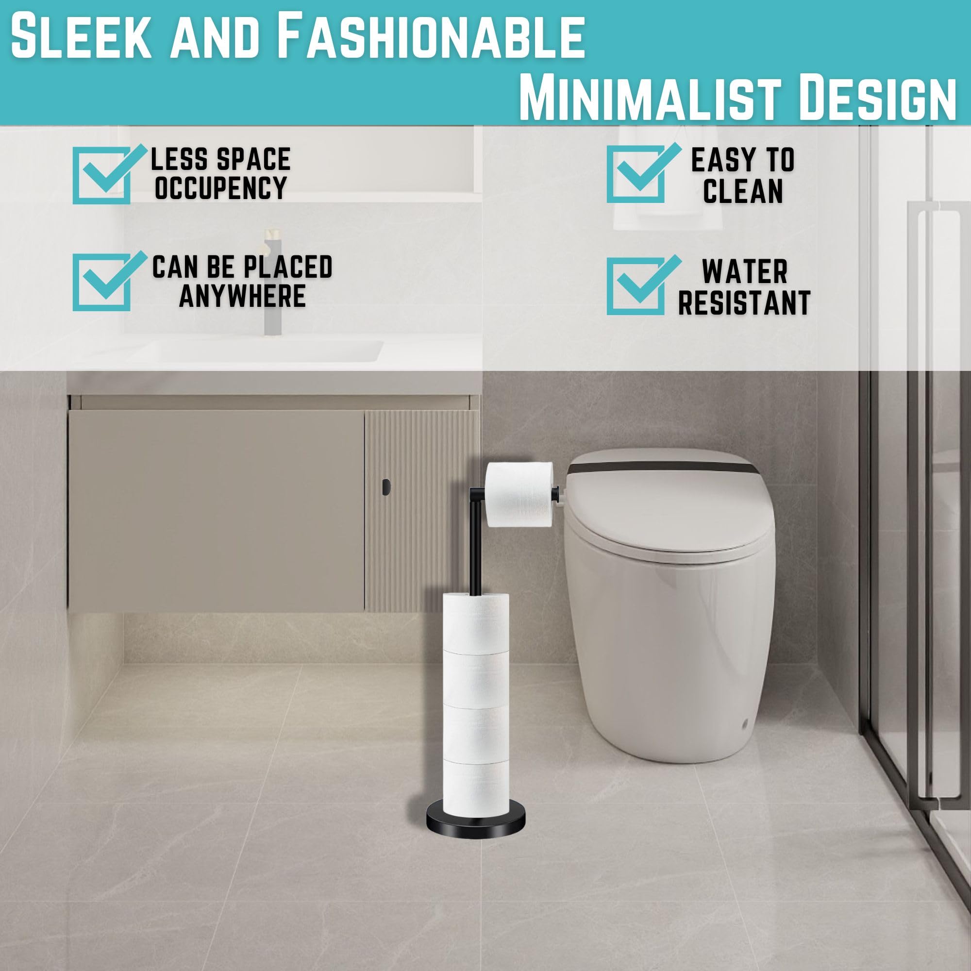 HOMEZI Black Toilet Roll Holder Free Standing with HEAVY BASE Premium Toilet Roll Stand Stainless Steel loo roll holder for Bathroom 2 in 1 Holder and Storage for 5 Rolls - Image 2