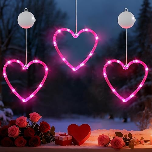 Lewondr Valentines Day Window Lights, 3Pcs Hanging Window Decorations with 2 Lig