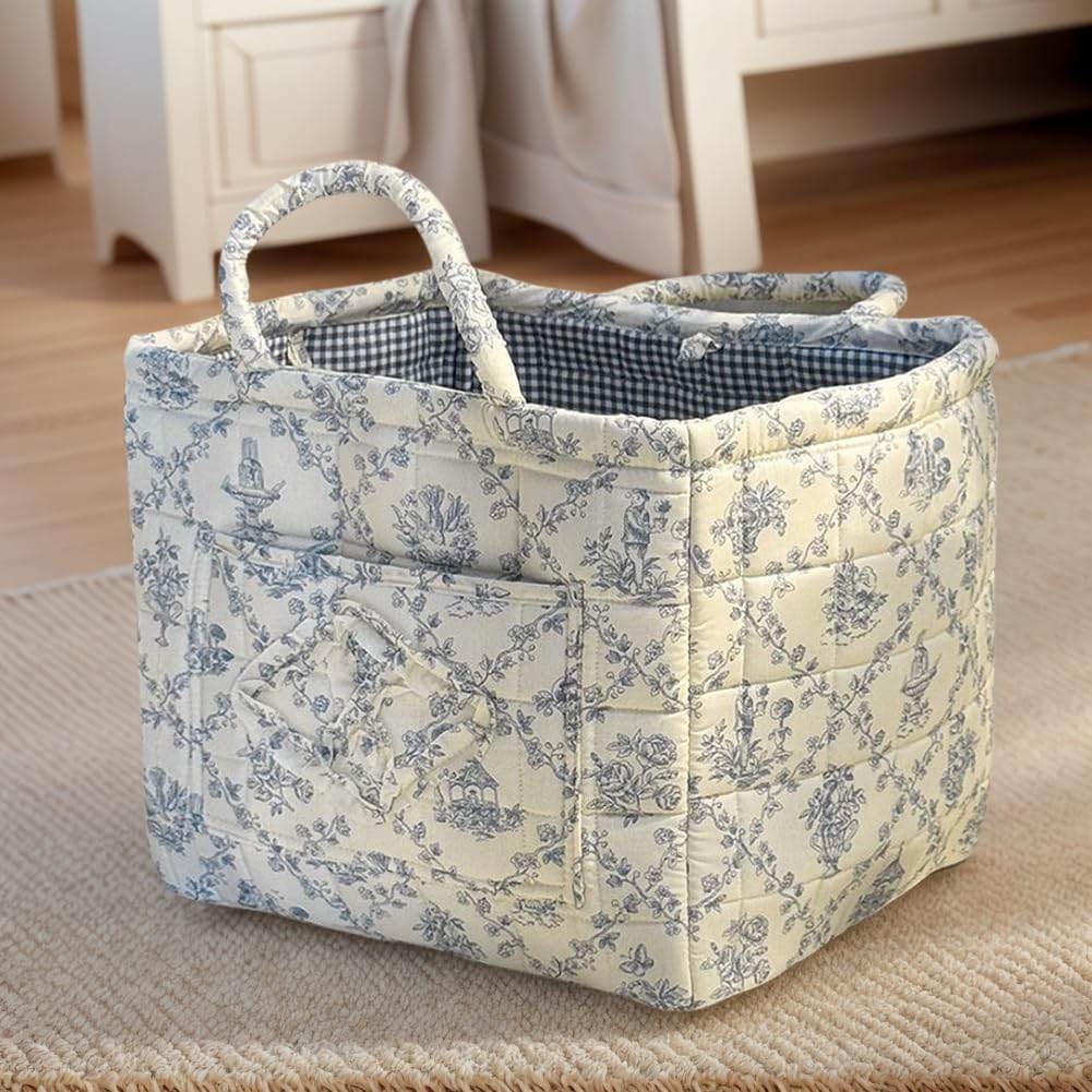 JQWYGB Foldable Laundry Basket Boho Bear Storage Basket Floral Quilted Fabric Car Storage Basket Handles Large Laundry Baskets for Clothes and Dolls
