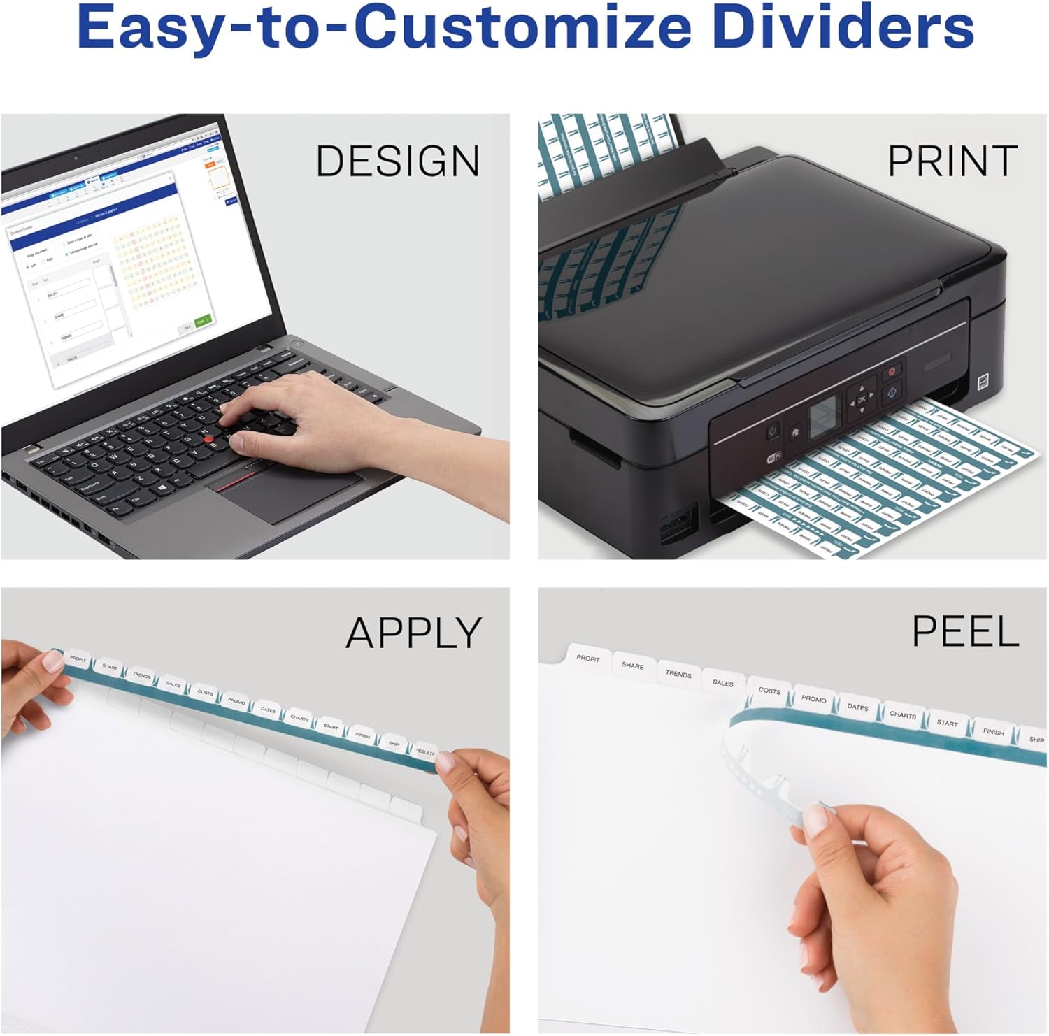 Avery 12 Tab Dividers for 3 Ring Binder, Easy Print & Apply Clear Label Strip, Index Maker Customizable White Tabs, (11428) (Pack of 12)
