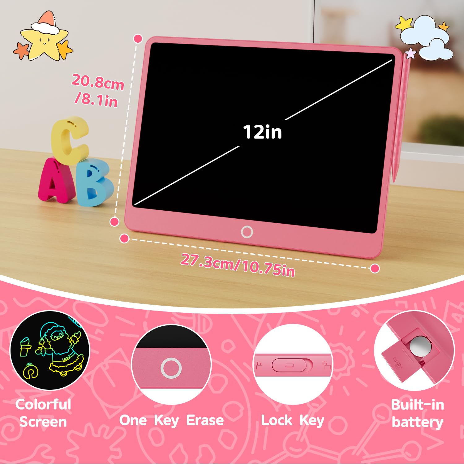 Electight LCD Writing Board Writing Area 12 Inches,Colorful Screen Doodle Board, Reusable Portable Drawing Tablet - Image 3