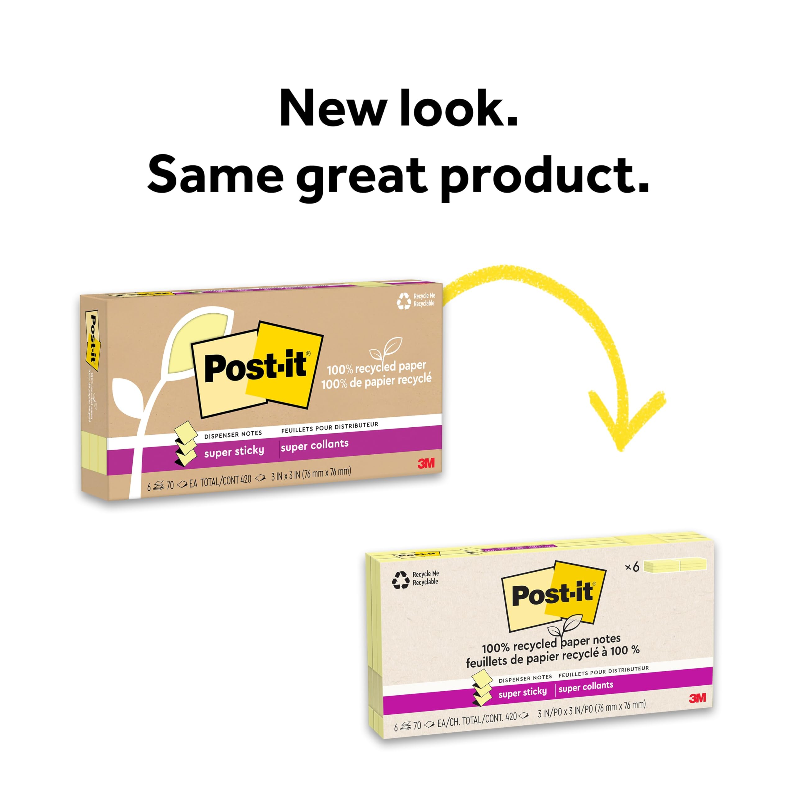 Post-it 100% recyceltes Papier, super Haftnotizen, 2 x die Haftkraft, 7,6 x 7,6 cm, 6 Bl cke/Packung, 70 Blatt/Block, Kanariengelb (R330R-6SSCY)