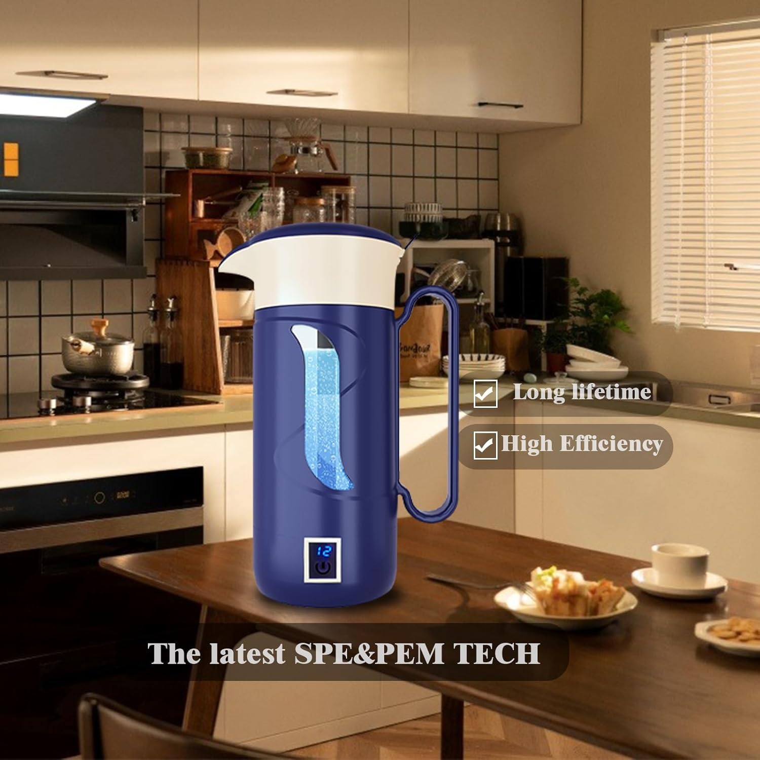 Hydrogen Water Bottle Hydrogen Alkaline Water Generator Ionizer Hydrogen Water Maker Machine with SPE and PEM Technology (Blue Black)