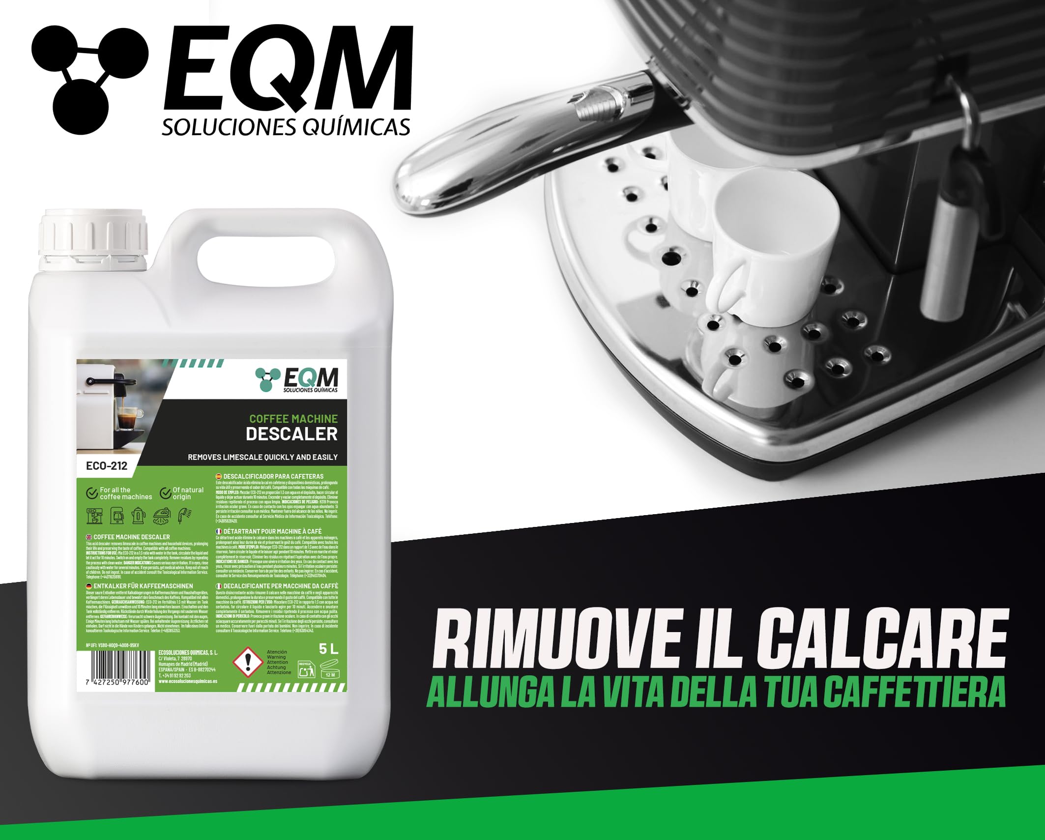 EQM Decalcificante per Macchine da Caffè 5L - 100% Origine Naturale - Compatibile con Tutte le Macchine da Caffè