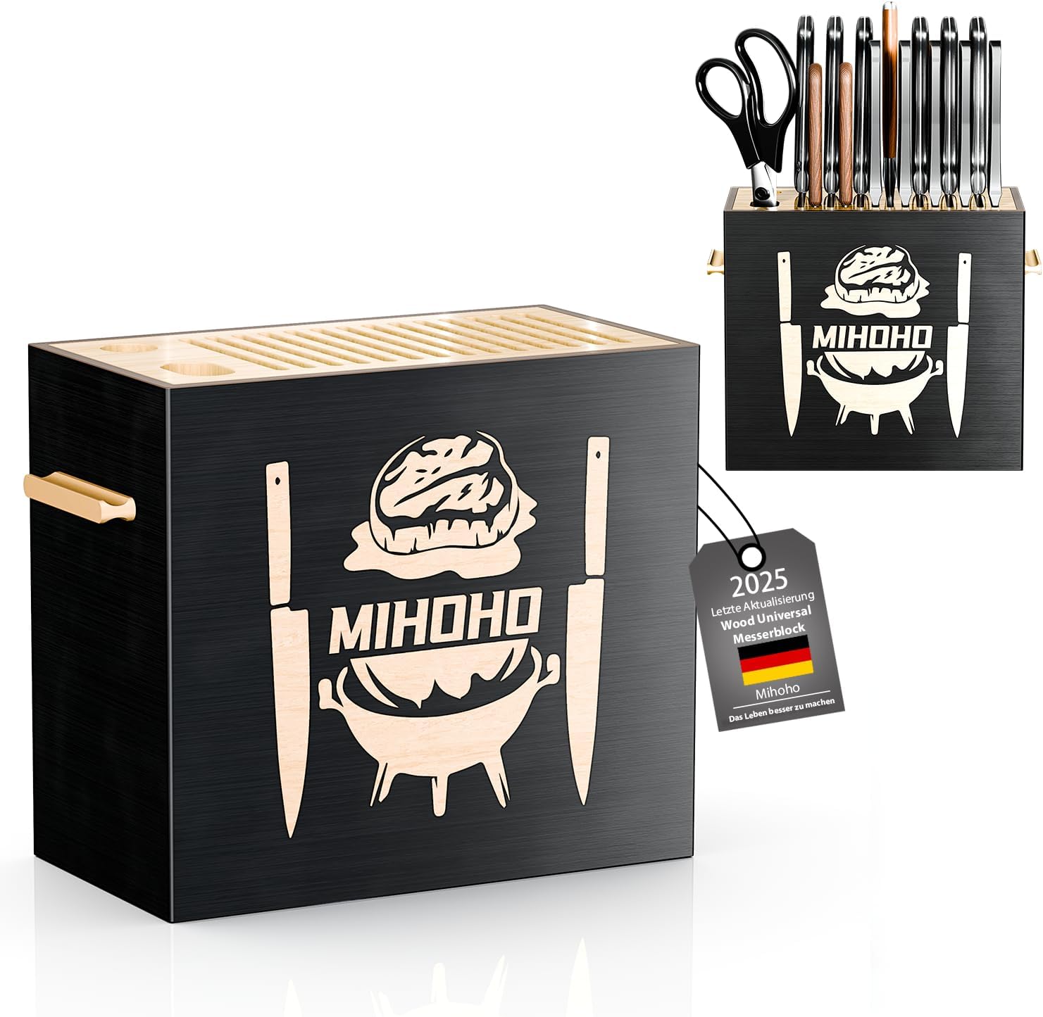 Universal Wooden Knife Block with Slotted Knife Holder/Knife Organizer Wooden Unique Countertop Knife Storage with Non-Slip Base Black