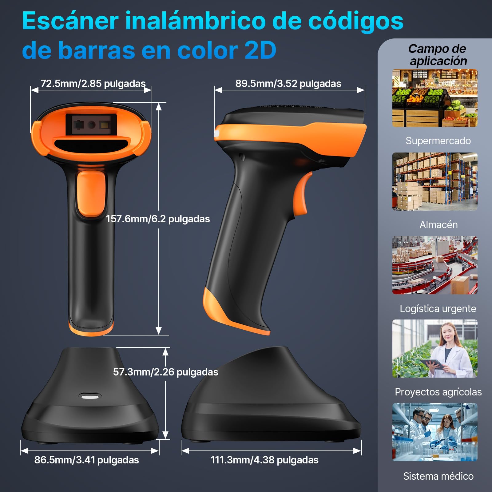 APETK Escáner de Códigos Barras 2D/QR Inalámbrico, Lector Mano con Base Carga, 100m Alcance, 20K Escaneos/Carga, para Tiendas/Almacenes