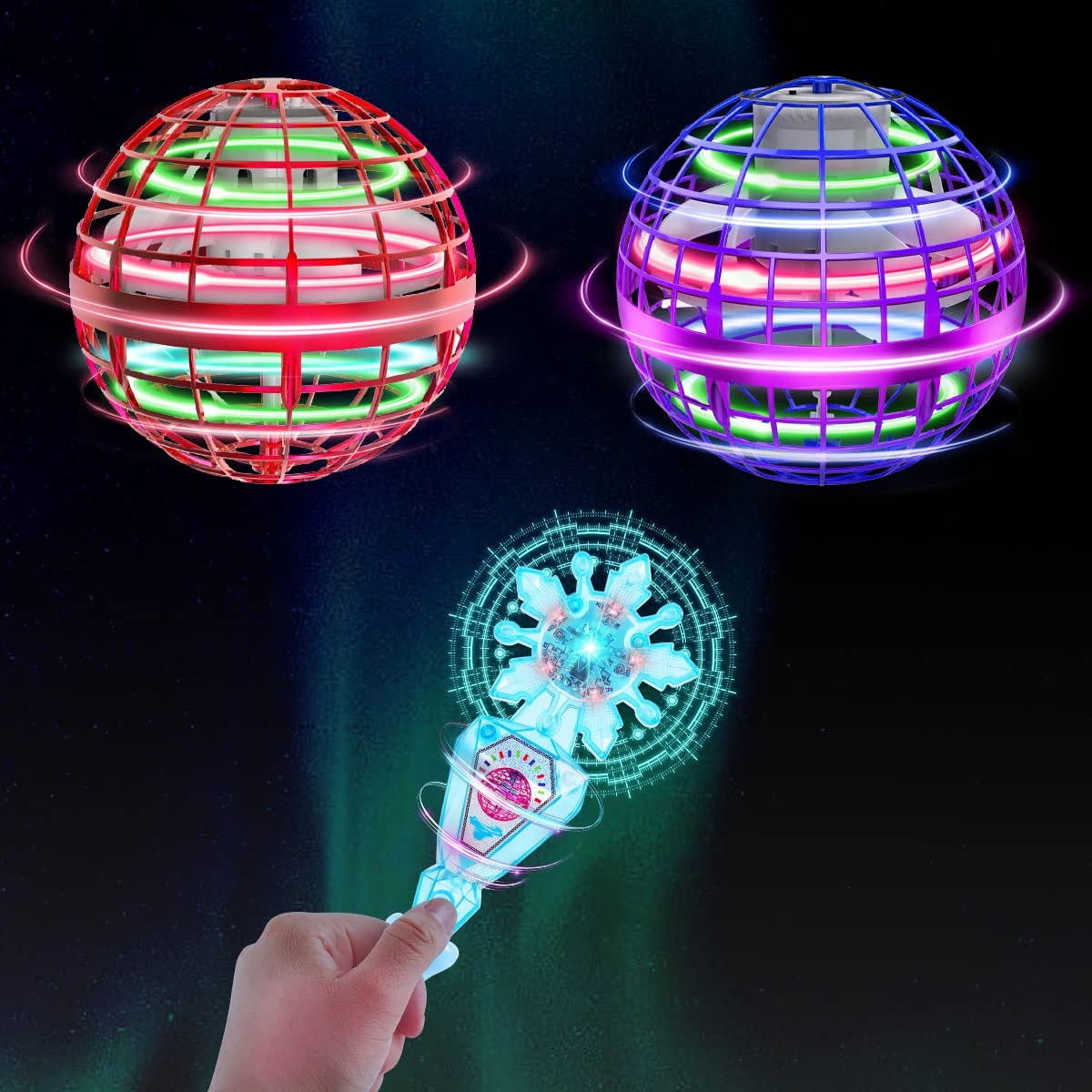 COOKXCOOKX 1 Pack Red Flying Orb Ball 1 Pack Illusory Purple Flying Orb Ball with 1 Pack Magic Wand Cool Stuff Christmas Birthday Toy Gift for Kids Age 6 7 8 9 10