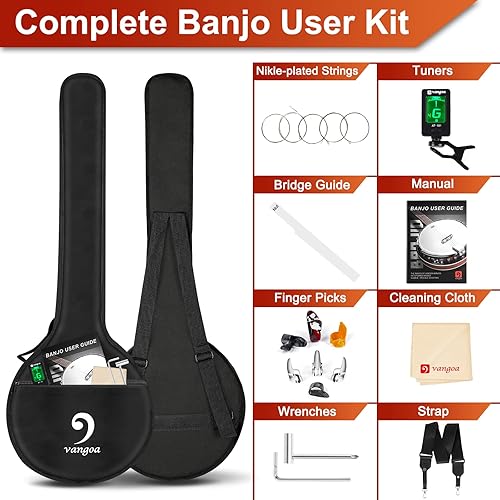 Miniatura 4 de Vangoa Banjo - Kit de 5 cuerdas de tamaño completo para principiantes, cabeza Remo, resonador de caoba, banjo cerrado con bolsa premium para