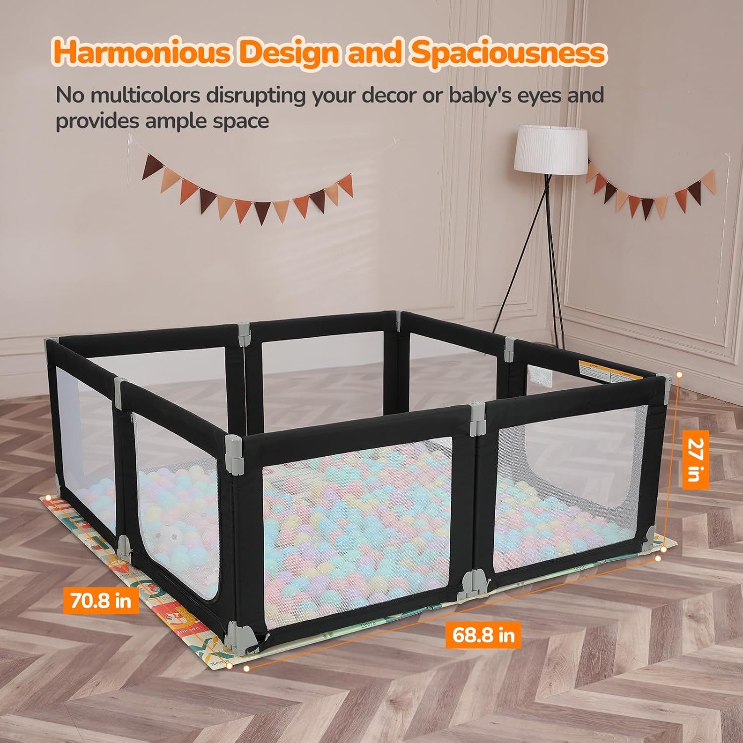 Dimensions of the Dripex Foldable Playpen, showing a length of 70.8 inches, width of 68.8 inches, and height of 27 inches.