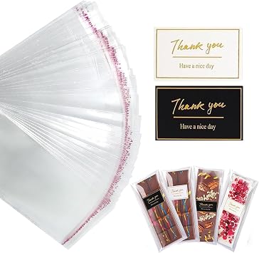 Xurise Chocolate Bar Wrappers with Stickers, 200 Pcs Self Sealing Bar Packaging with Thank You Stickers for DIY Chocolate Lover Small Batched Custom Sweets Clear, 2.4 * 6.7inch