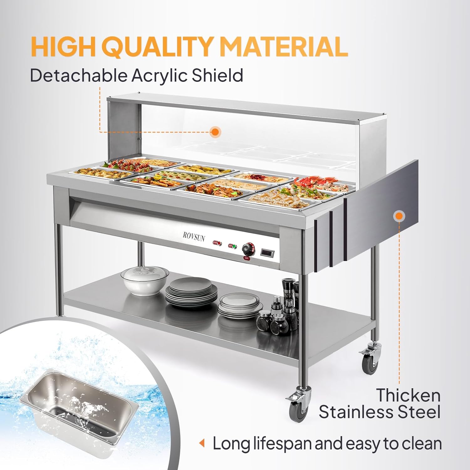 ROVSUN 96QT Steam Table, 12-Pan Electric Commercial Food Warmer Stainless Steel Bain Marie w/Acrylic Shield Overshelf Undershelf Temperature Control & Lid for Party Restaurant 8QT/Pan 1500W 110V