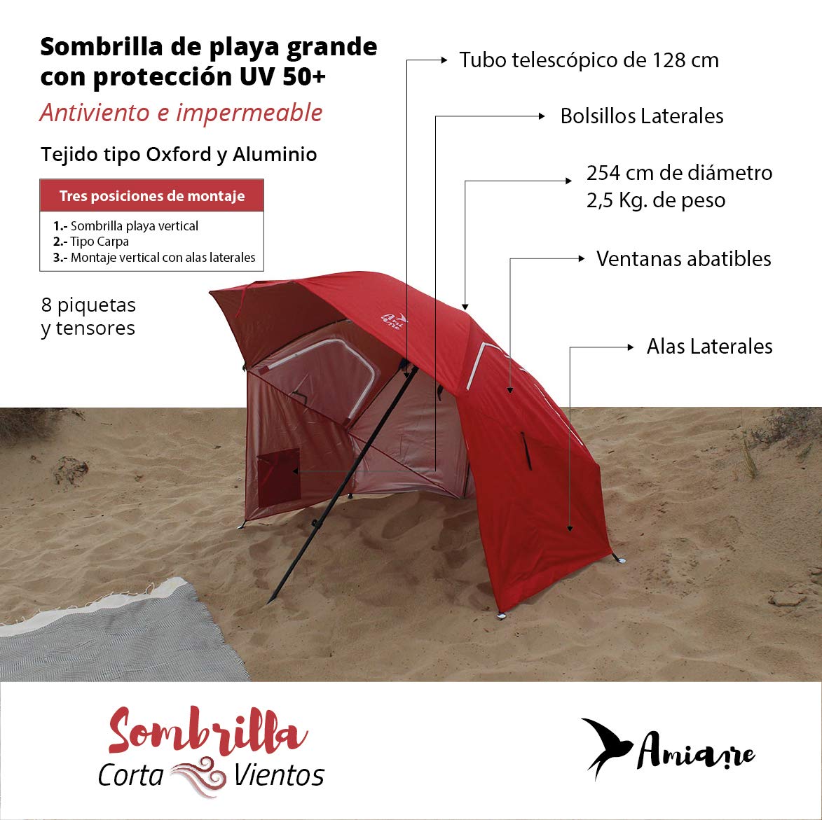 Sombrilla Playa Grande 240 cm Antiviento – Refugio 3 en 1 con Paredes, Ventanas y Bolsillos | Protección UV50+ 97%, Impermeable, 8 Piquetas y 4 Tensores, Bolsa (Rojo)