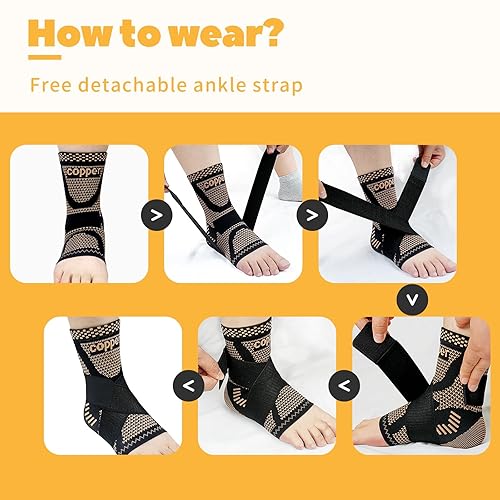 Miniatura 4 de JIUFENTIAN Tobillera de cobre ajustable (par) - Tobillera de soporte para tendinitis de Aquiles, fascitis plantar, alivia la hinchazón y esguince de