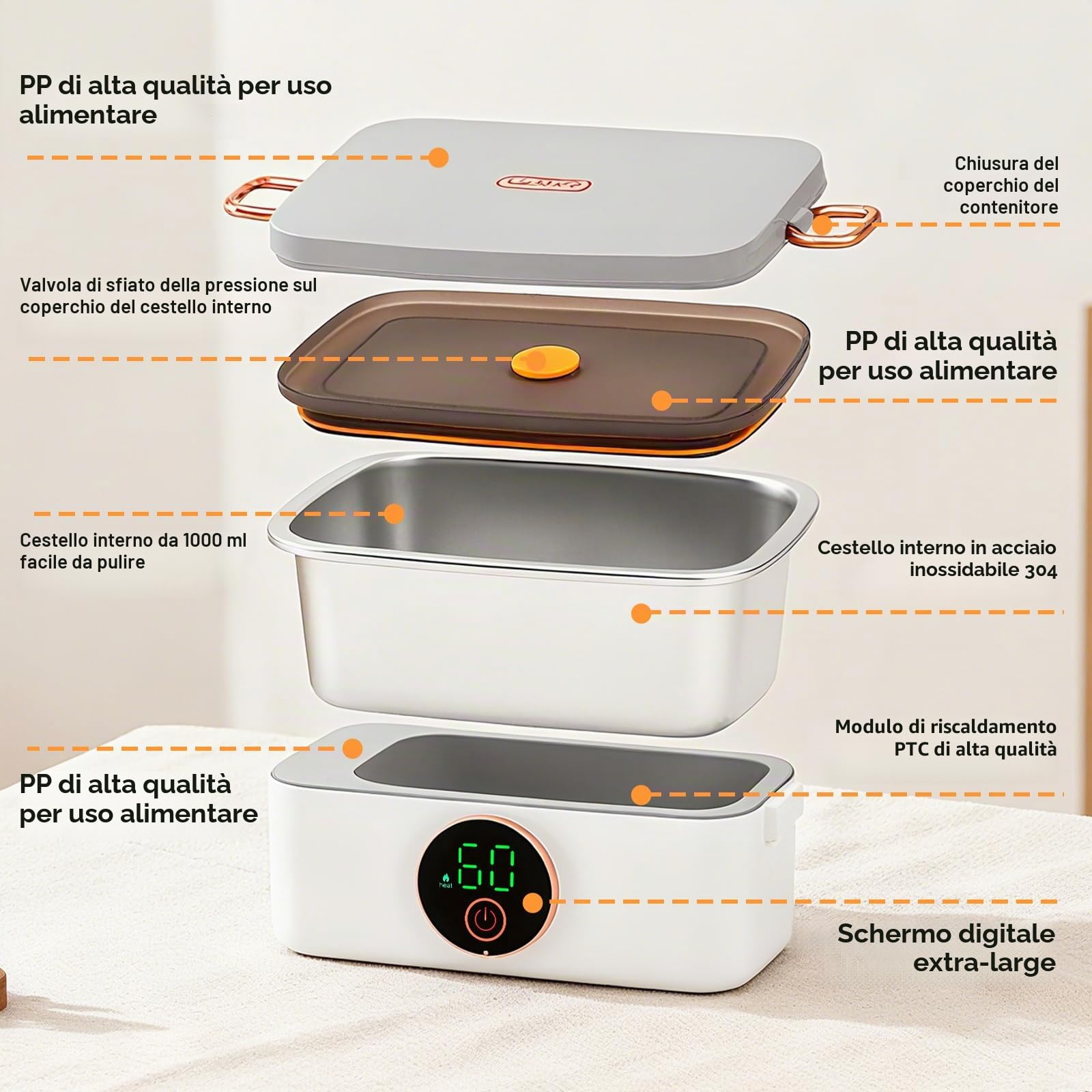 Contenitore per il pranzo elettrico con batteria, senza fili, portatile, riscaldato, 1 l, in acciaio inox, isolato e autoriscaldante, 6 temperature e 6 timer, per ufficio, picnic, auto, esterno