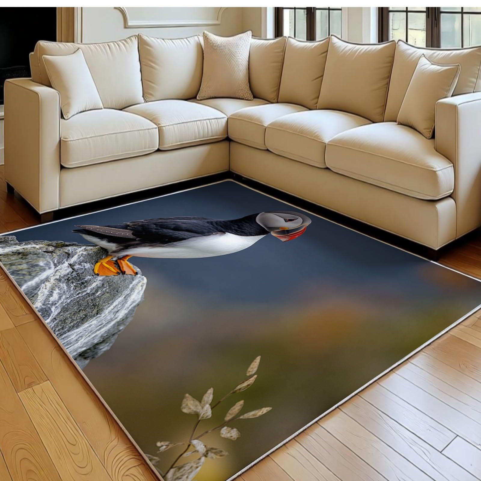 Tapis bleu-gris macareux pour créer un coin de jeu dans le salon
