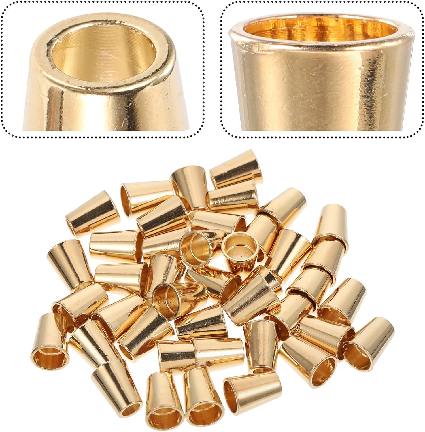 Zerodeko 40pcs Metal Cord Locks Spring Cord Stoppers Tighten Ends for Clothing Drawstrings Hoodies and Backpacks Gold Alloy Bell-Shaped Fastener Caps 13mm