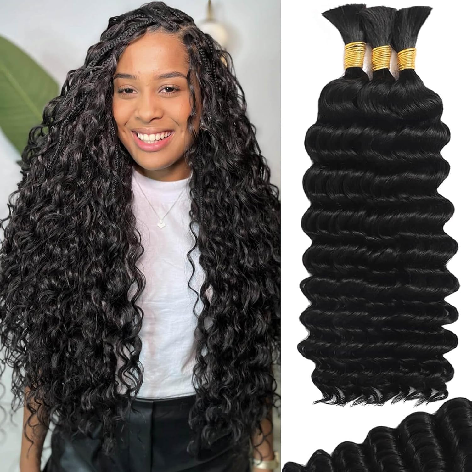Human Braiding Hair for Boho Braids 120g 12A Deep Wave Bulk Human Hair Curly Bundles Wet and Wavy Knotless 100% Virgin Hair Extensions No Weft Bohemian Braids 3 Bundles/Pack Natural Color 20Inch