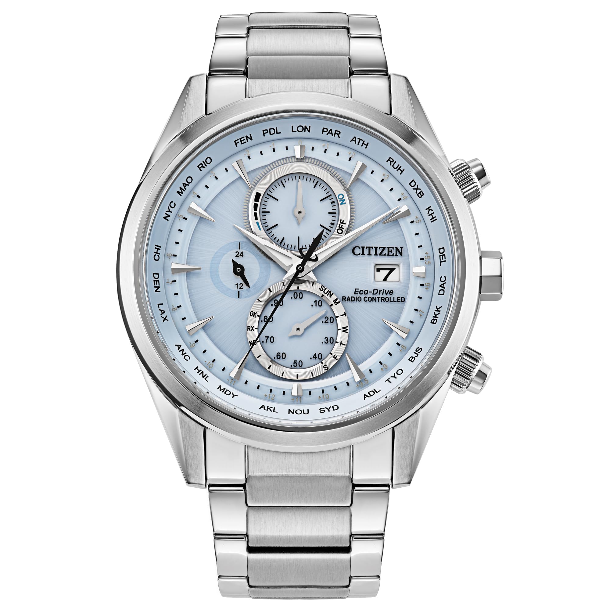 Citizen AT8260-51M watch, back view showing the case back with engraved details and bracelet clasp.