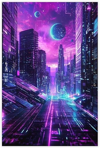 Futuristic Neon City Wall Art  Synthwave Aesthetic Poster with Grid & Planet Elements Modern Wall Prints Abstract Geometric Minimalist Art Framed