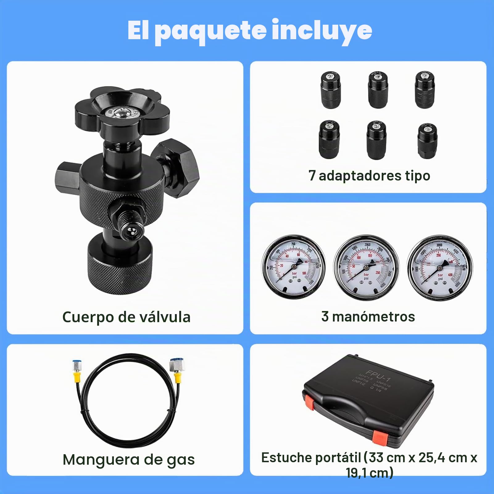 Kit De Carga De Acumulador De NitróGeno HidráUlico, HidráUlico del Acumulador De NitróGeno, Sistema De Prueba De PresióN con 3 ManóMetros, 7 Acoplamientos y 1 Manguera De Gas