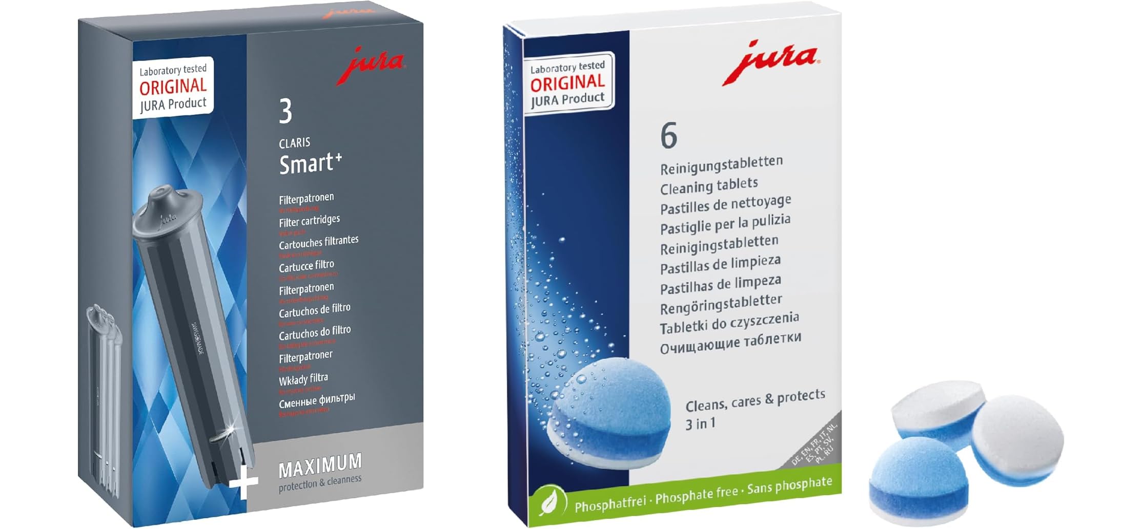 JURA original - CLARIS Smart+ Filterpatrone mit automatischer Filtererkennung (3er-Pack – 24233) + 3-Phasen-Reinigungstabletten (6 Stück – 24225) - TÜV-zertifizierte Hygiene