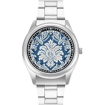 Nantucker Harbor Blue Damask Watch Men's Stainless Steel Wristwatch Fashion Dress Watches Classic Business Casual Watch Easy to Read Silver Work Wrist Watches