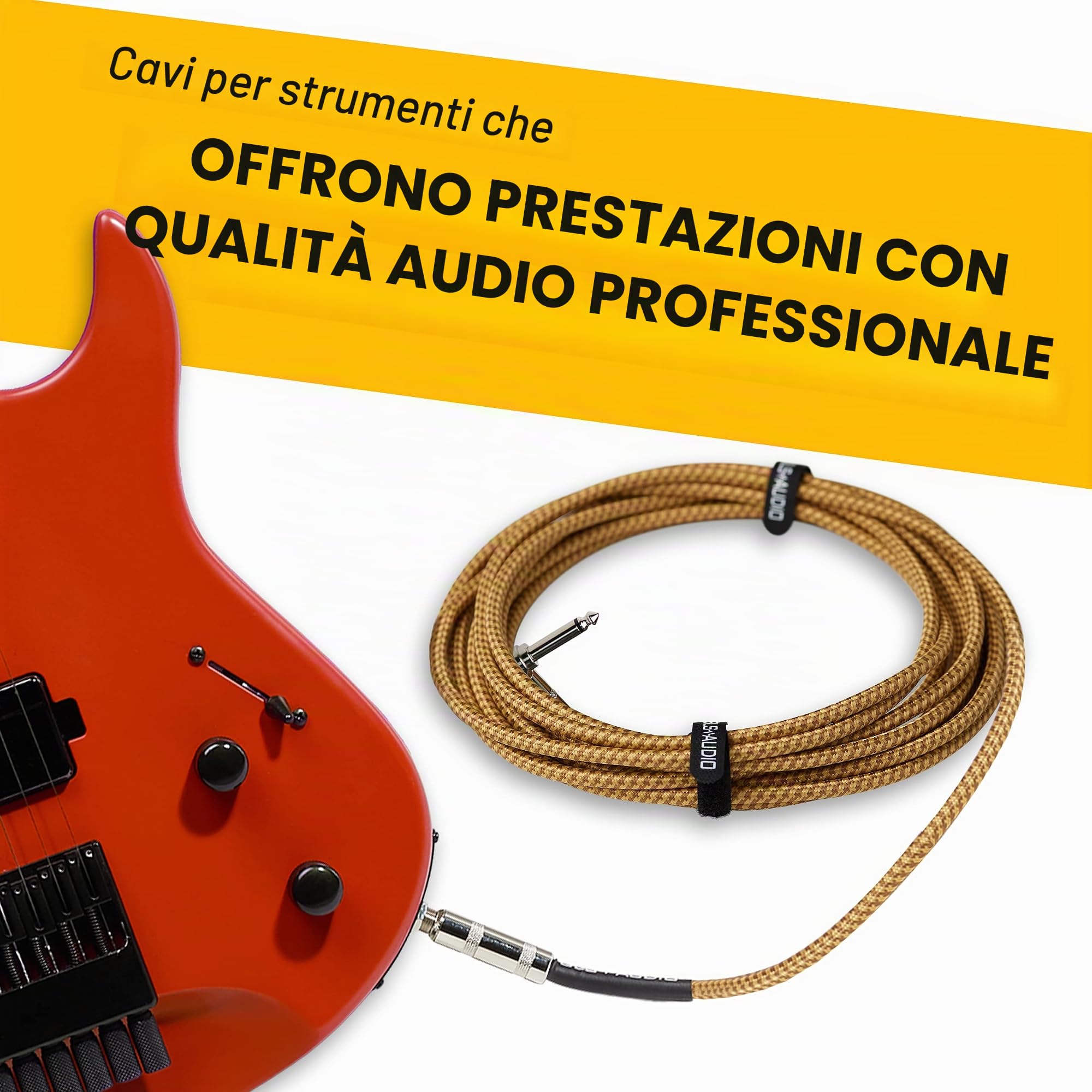 GLS Audio Cavo per strumenti - Cavo amplificatore per basso e chitarra elettrica, cavo dritto ad angolo retto da 1/4", in tweed intrecciato marrone/giallo, 6,1 m