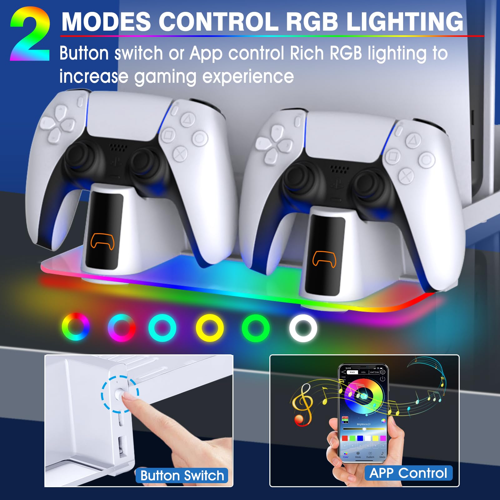 WAYCOM Kit di montaggio a parete PS5 con stazione di ricarica RGB LED per console PS5, PS5 Pro e PS5 Slim Console Disc & Digital, caricabatterie doppio controller veloce, supporto da parete in acciaio