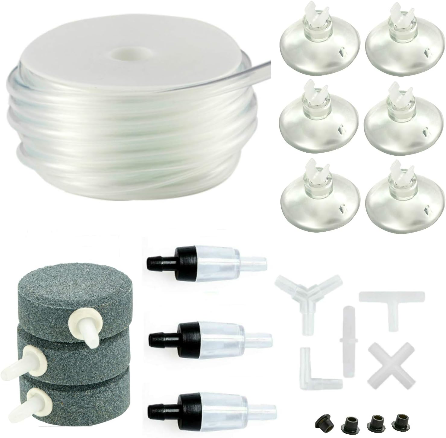 E EVENLIM Aquarium Air Pump Accessories Set,20 Feet Airline Tubing,5 Connectors,3 Check Valves,6 Suction Cups and 3 Air Stones for…