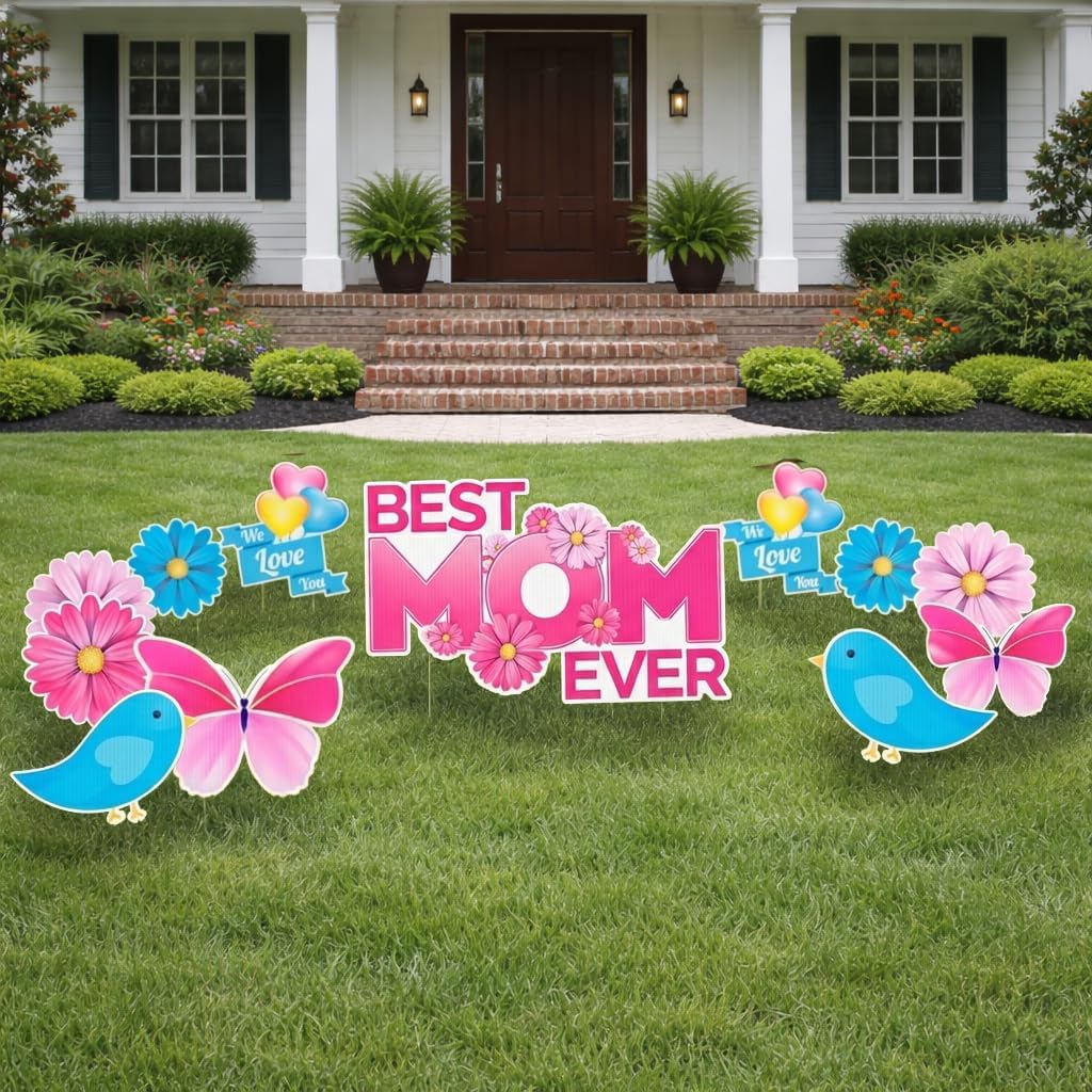 Best Mom Ever Yard Decorations Set, 13-Signs Mother’s Day Outdoor Lawn Signs with Flowers, Butterflies & Stakes, Waterproof Reusable Garden Decor, Made in USA