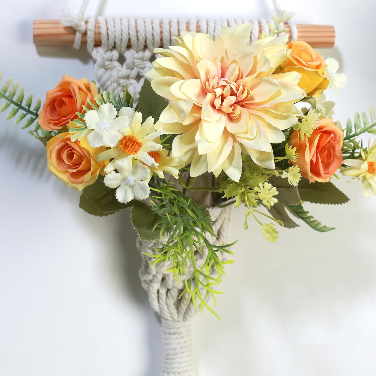 Macrame Wall Hanging, White Cotton Rope with Artificial Dahlia Flowers, 8x23 Inches, Handcrafted Boho Tapestry with LED Lights, Decorative Wall Art for Living Room, Bedroom (Banana Yellow)