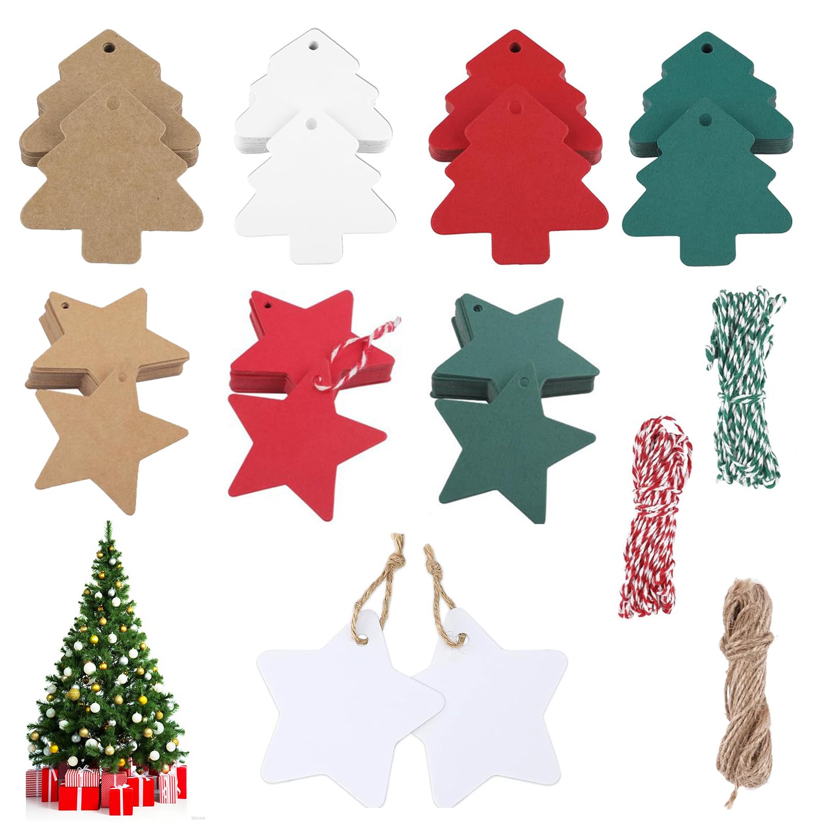 160Pcs Christmas Tags, Kraft Christmas Labels Stickers with Jute String, Vintage Christmas Stickers for Gift Wrapping, Xmas Present Decoration Tags - 4 Colors