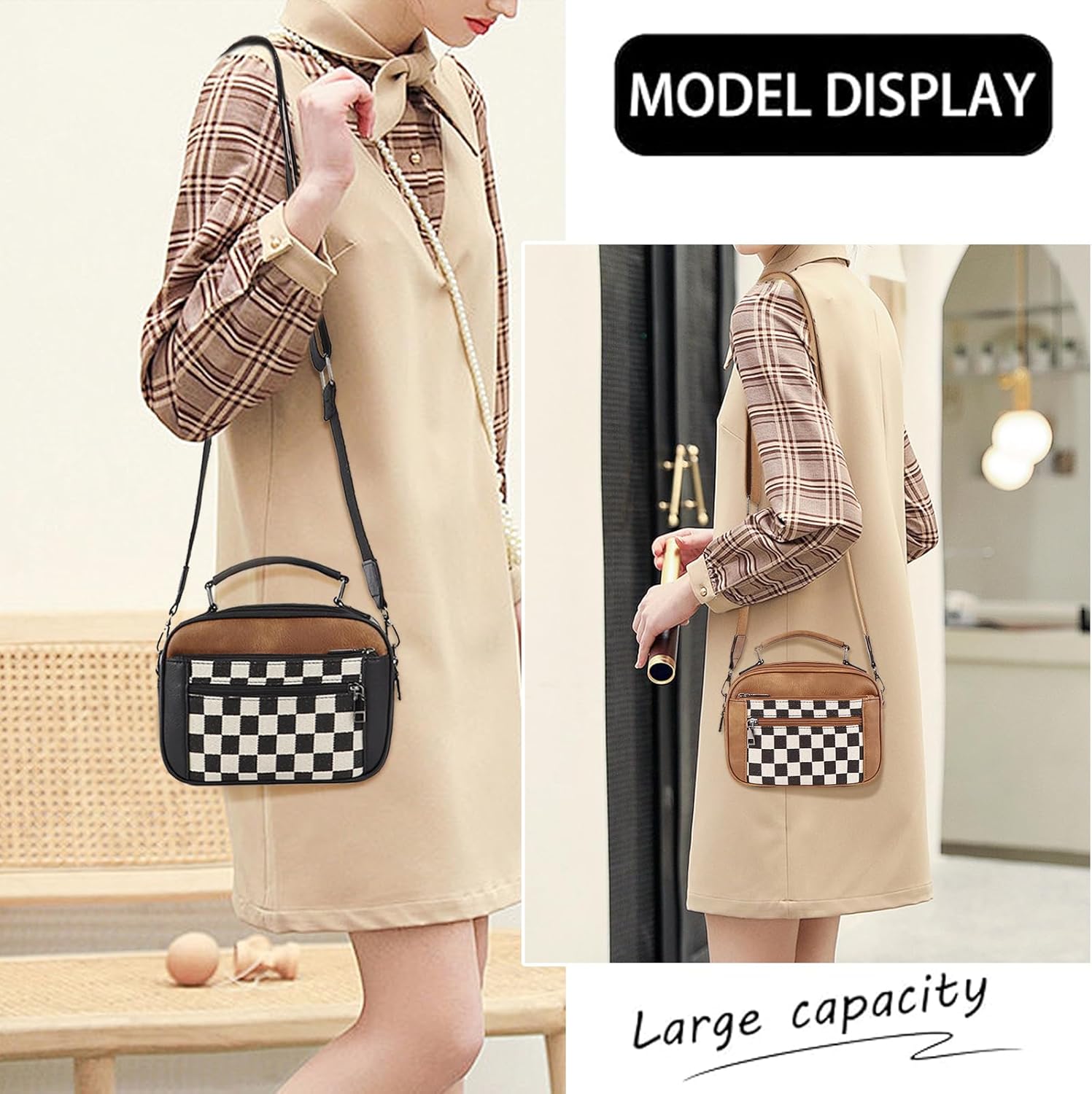 Checkered Crossbody Purse Women Plaid Shoulder Bag Checkerboard Top Hand Tote bag Leather Hobo Handbags
