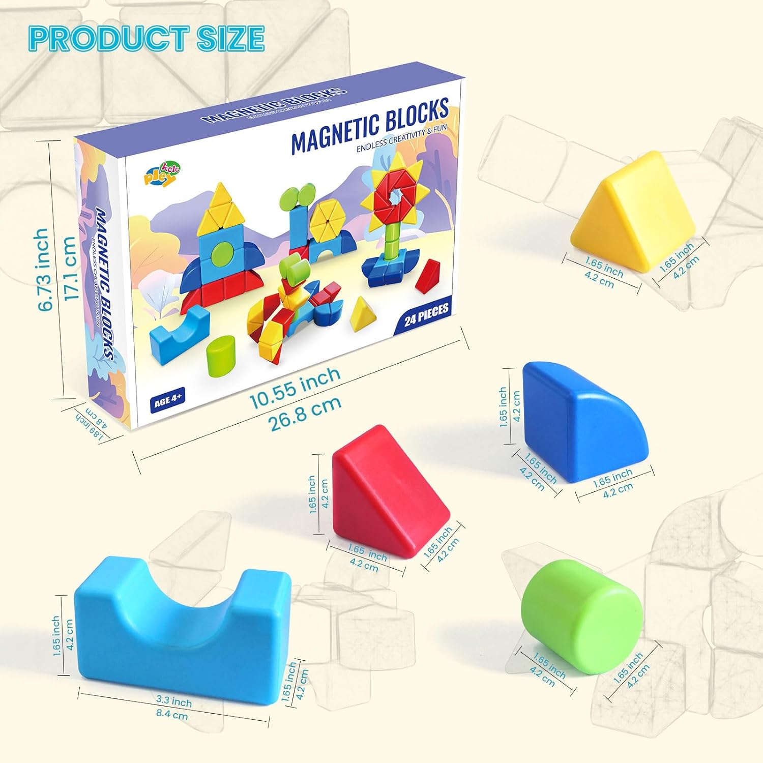 Assorted Shapes Magnetic Building Blocks, 1.65-Inch Large Magnetic Block Set for Toddlers Ages 4+, 24PCS Educational Construction Kit for Boys and Girls