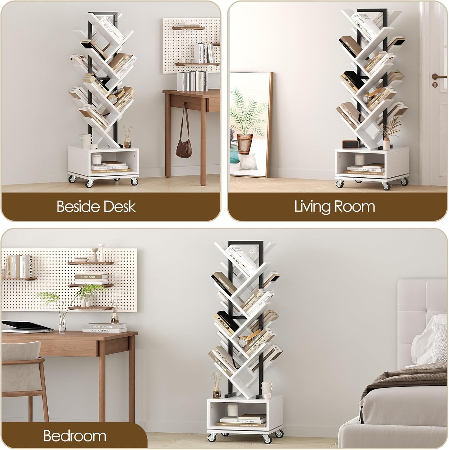 14-Tier Tree Rotating Bookshelf - 360 Degree Spinning Retro Floor Standing Bookcase with Storage Cabinet for Magazines DVDs Books, Perfect for Small Spaces in Bedroom, Living Room, Home Office, White