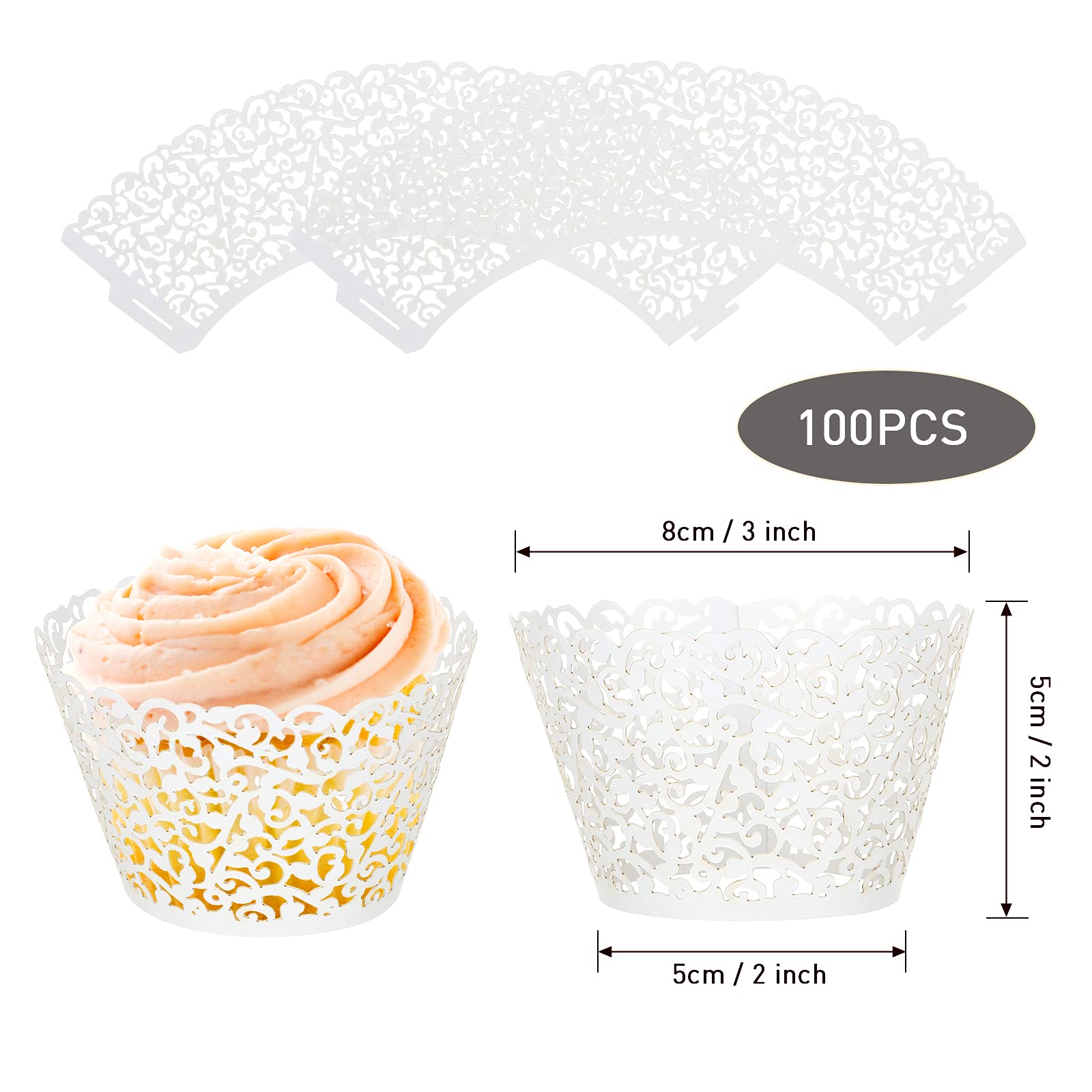 LIHAO 100PCS Cupcake Wrapper Pearl Lace Laser Cut Cupcake Mold Laser Cut Cake Liner - White, 8 x 5 x 5 cm - Image 2