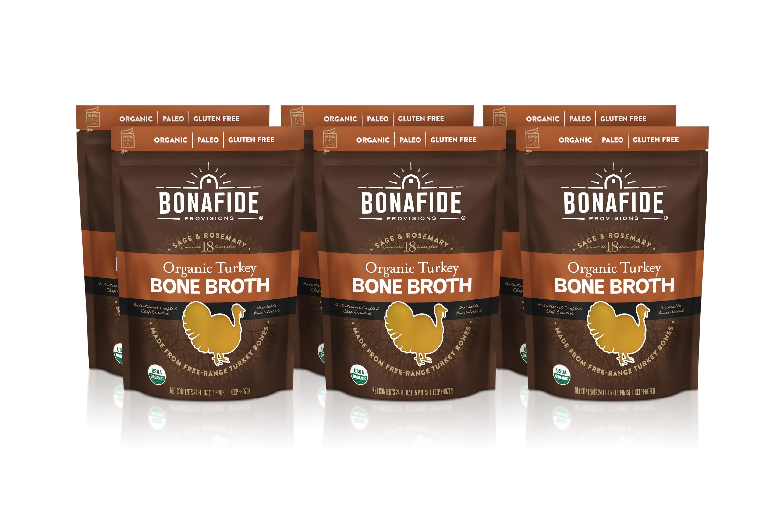 Bonafide Provisions Fresh Organic Turkey Bone Broth, Frozen 24 fl oz – Gluten-Free, For Sipping & Cooking, Pack of 6