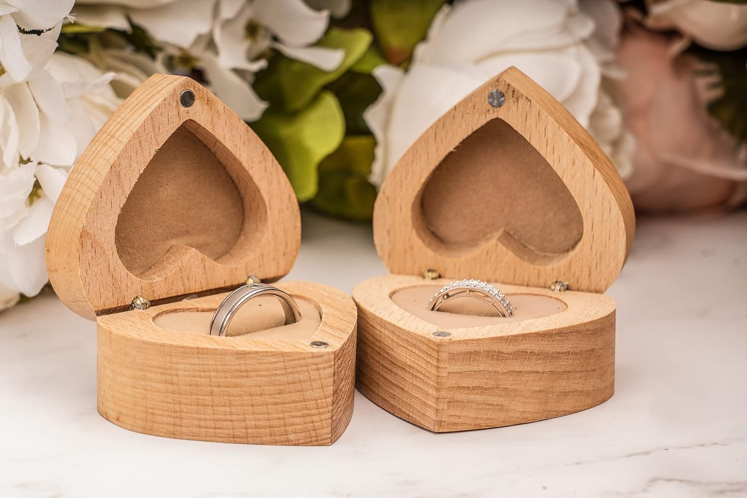 Strova Heart Shaped Wooden Ring Box for Wedding Rings – Set of 2 with Engraved Mr. & Mrs. Lettering – Ring Bearer Box for Display or Personal Organizer – Protective Ring Cushions and Magnetic Closure