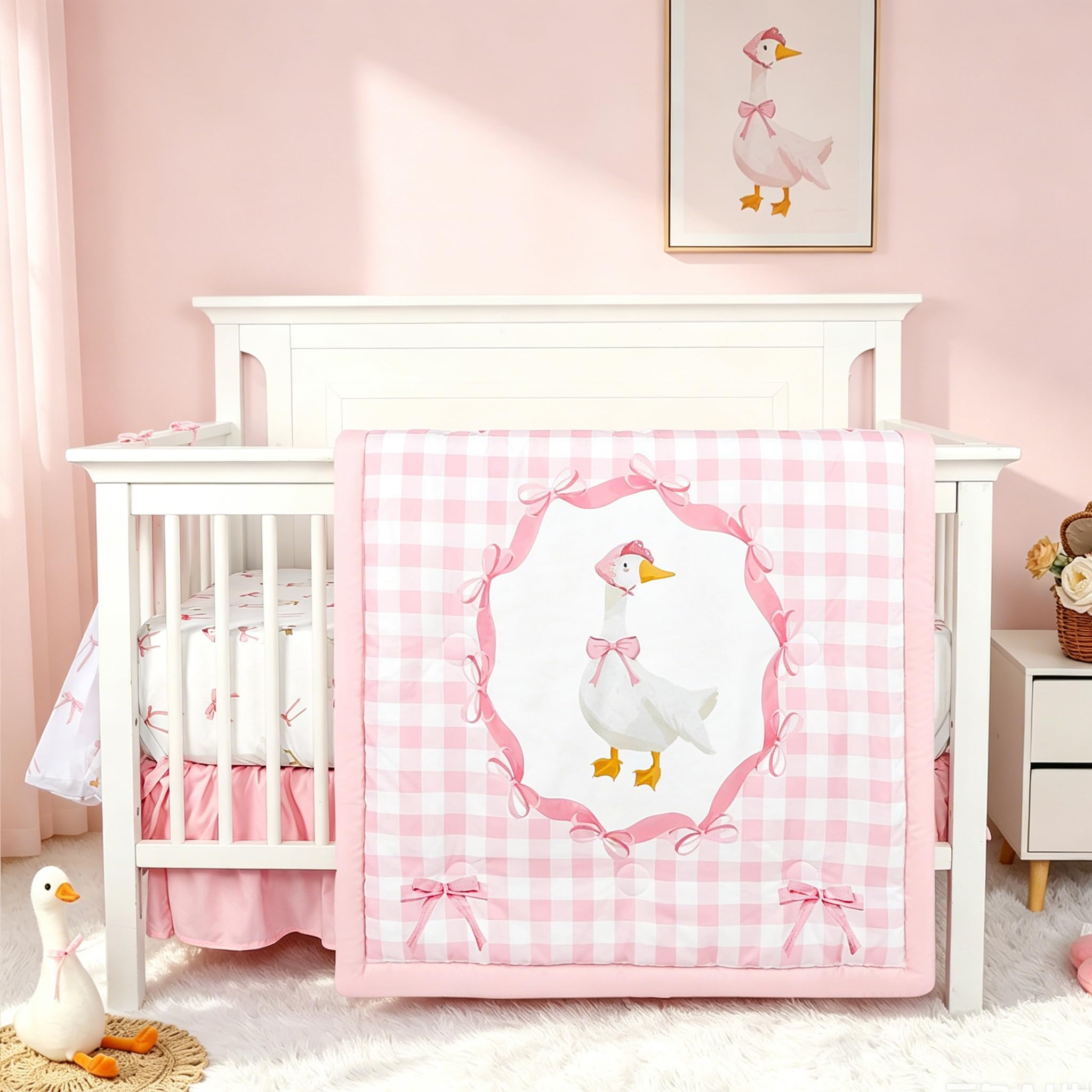 Baby Crib Bedding Set for Girls, 4 Pcs Pink Gingham Baby Gril Crib Comforter Sets Include Crib Skirt, Comforter, Fitted Sheet, Diaper Stacker, (Cute Duck &amp; Bow)