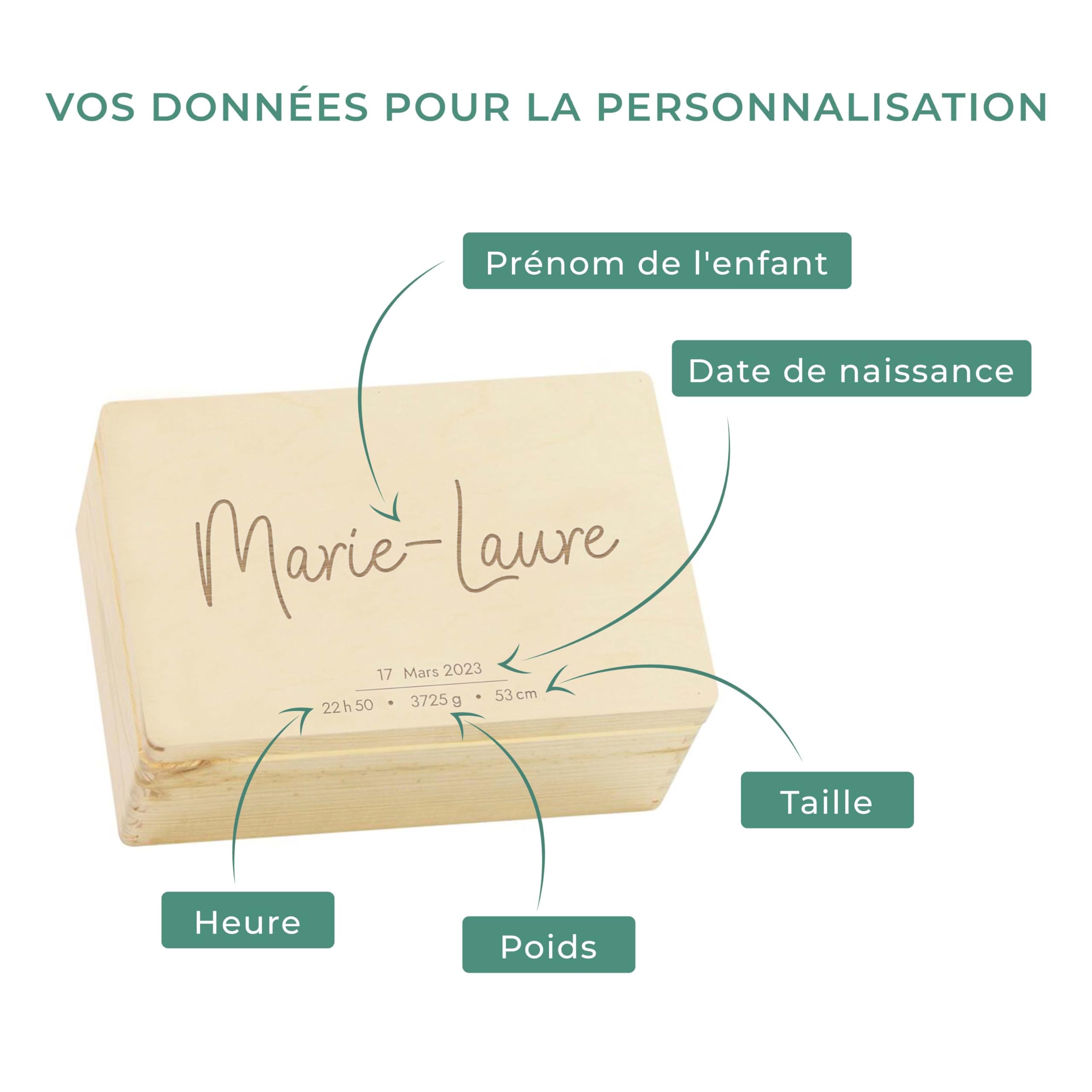 LAUBLUST Boîte à souvenirs bébé personnalisée - Cadeau de naissance avec prénom | Sarre, tailles S, M, L, XL - Boîte à souvenirs pour filles & garçons | Boîte en bois naturel ou blanc, FSC®