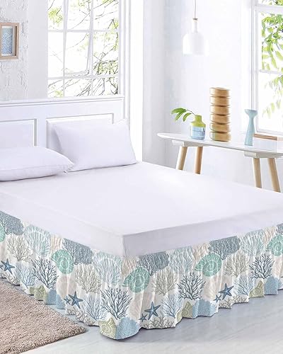 Miniatura 2 de Falda de cama costera tamaño Queen de 16 pulgadas de caída, falda de cama elástica ajustable azul verde azulado coral con volantes para cama Queen,
