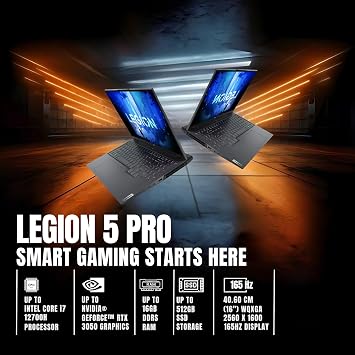 Lenovo Legion 5 Pro 16IAH7 (82S00003US) Gaming Laptop – 16” WQXGA (2560 × 1600), Intel Core i7-12700H, NVIDIA GeForce RTX 3050 Ti, 16GB DDR5 RAM, 512GB SSD – Storm Gray