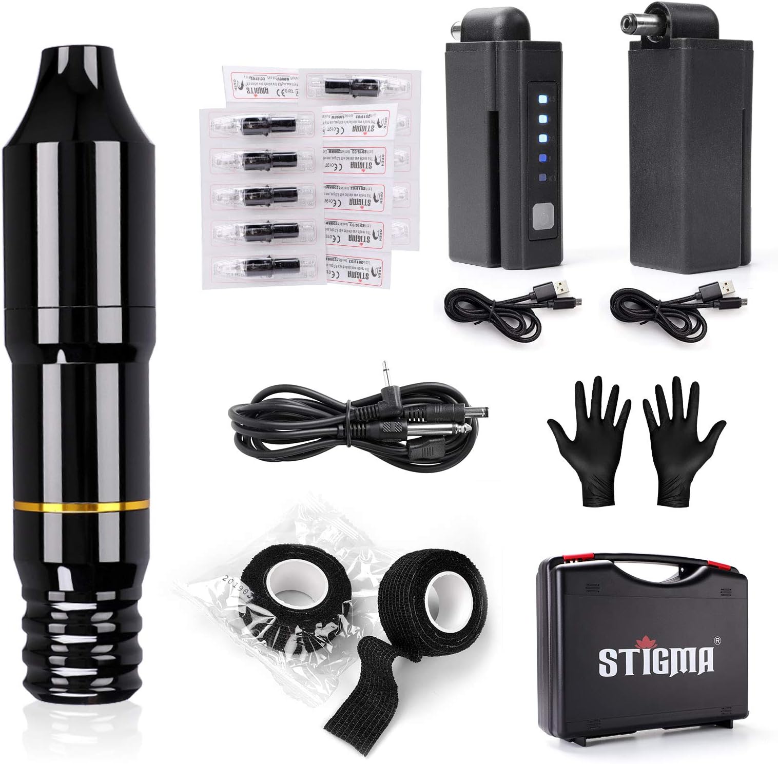 STIGMA Tattoo Kit Rotary Tattoo Machine Pen Black 2 Battery 20 pcs Cartridges 2 Tattoo Grip Cohesive Bandage with Case EM125KITPRB20-1