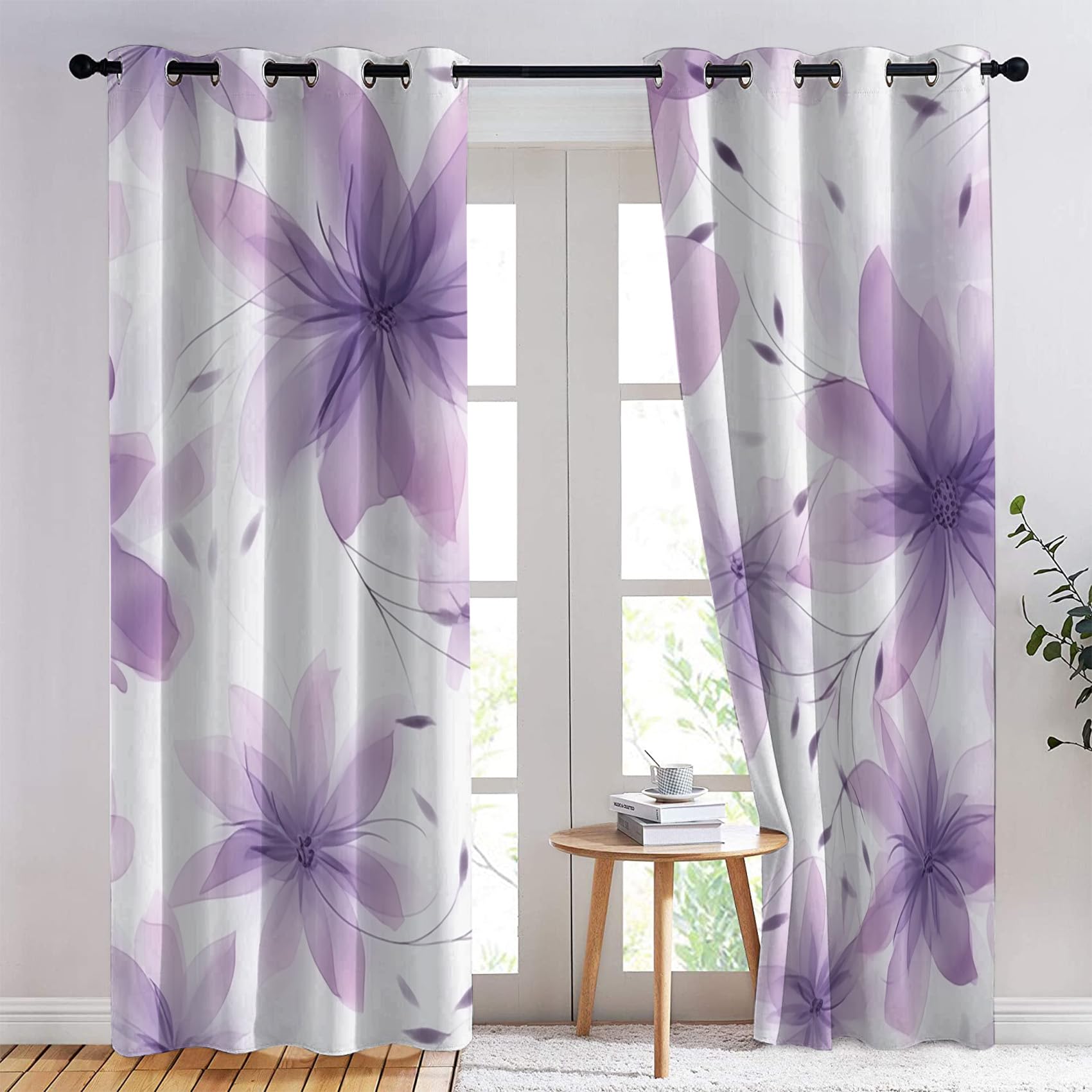 Rideau Occultant Fleurs Violette, Rideaux Thermiques à Oeillets pour Chambre, Motif Floral Rideaux Salon, Moderne Lot de 2 Décoration de Fenêtre pour Enfant Fille Garcon Rideaux 140x160cm LxH