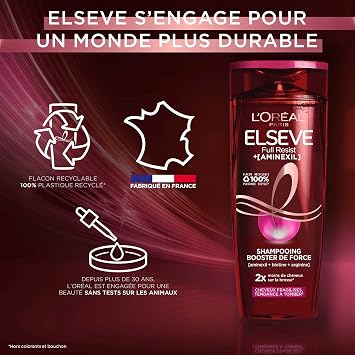 L'Oréal Paris - Strength Booster Shampoo for Weakened Hair - Reinforced Lengths, Less Visible Scalp - Enriched with Aminexil + Caffeine + Arginine - Elseve Full Resist - 300 ml