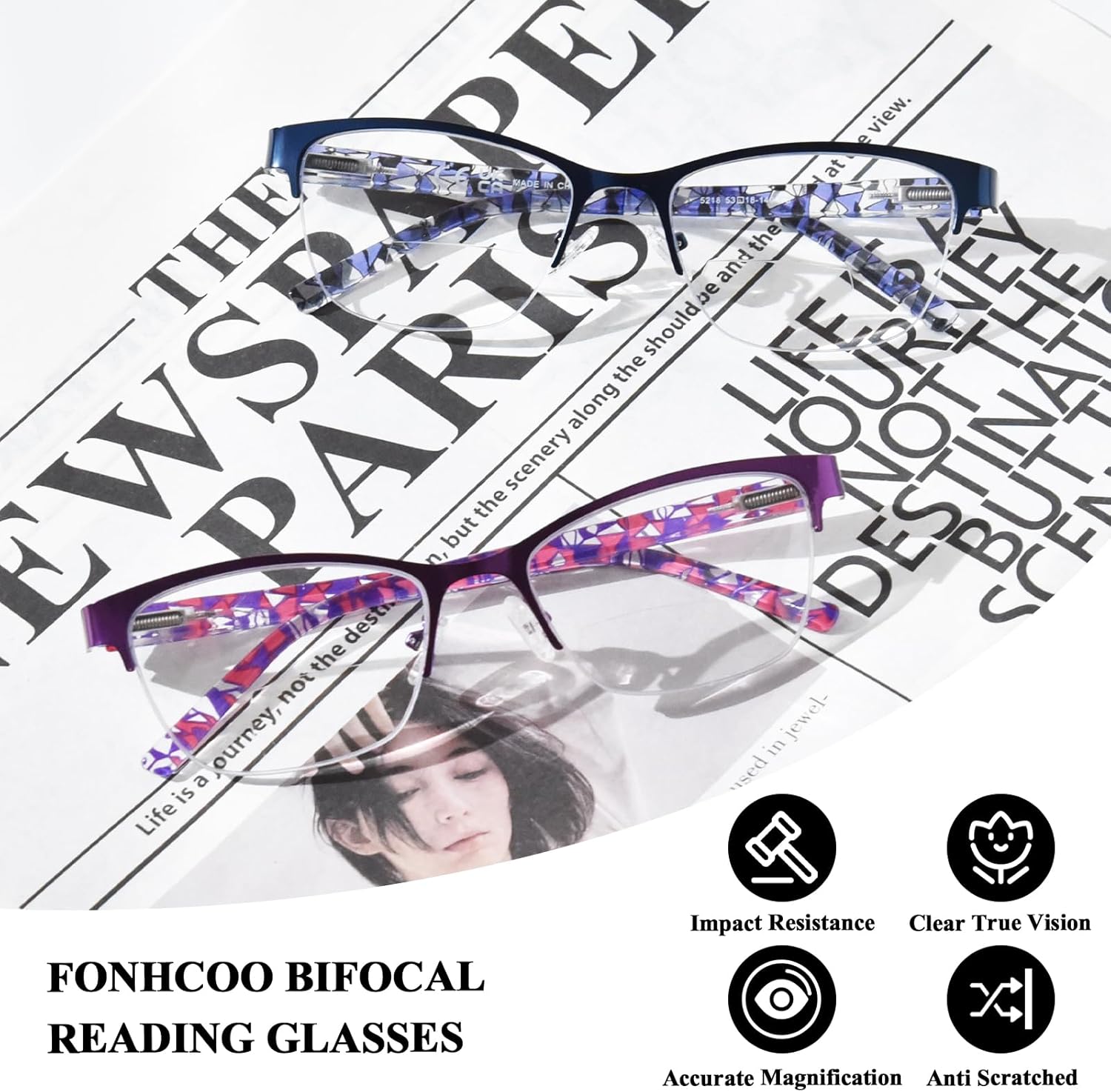 FONHCOO Bifocal Reading Glasses for Women, Metal Spring Hinge Blue Light Blocking Half Frame readers Anti UV/Glare/Eyestrain - Image 6
