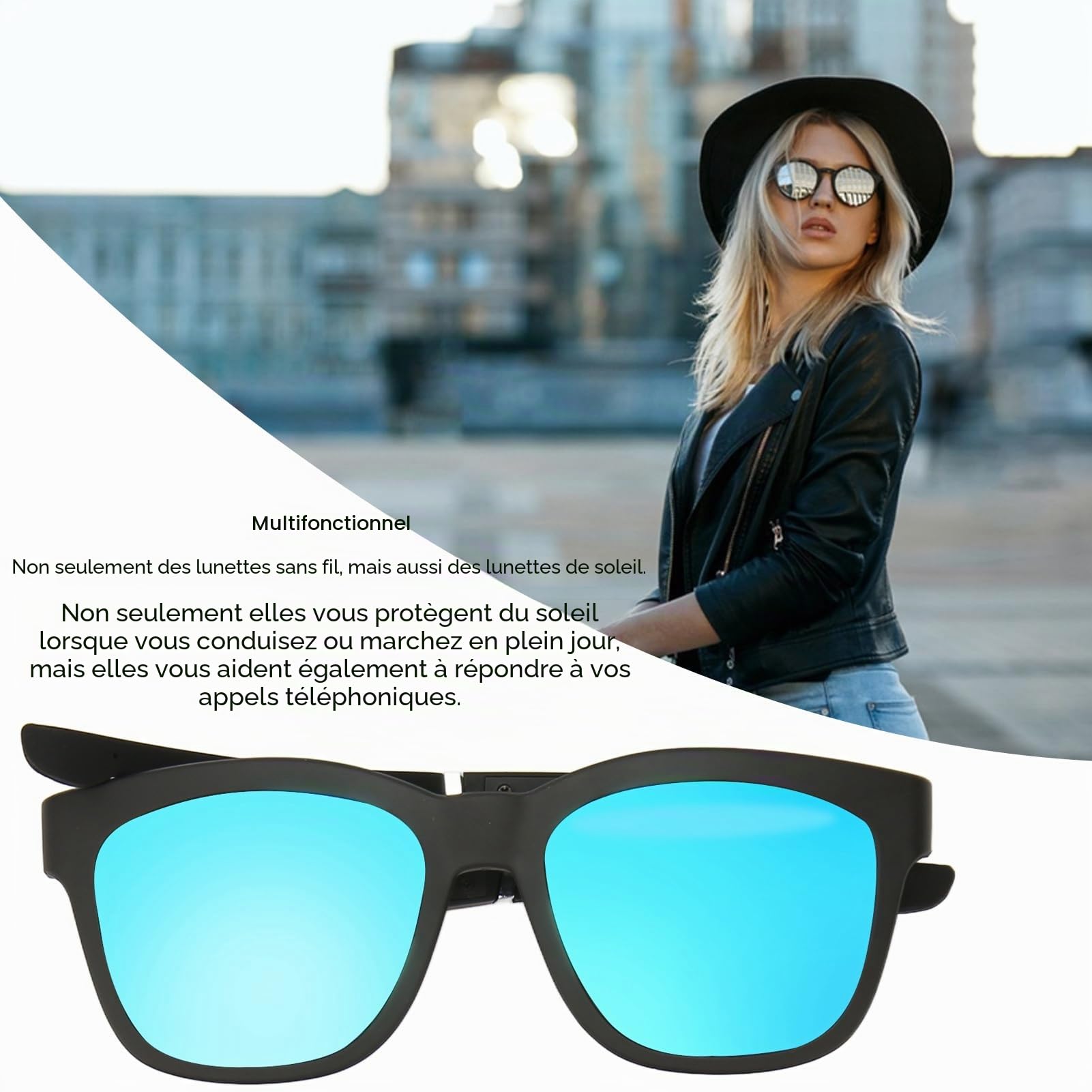 Lunettes Intelligentes, Lunettes de Audio Bluetooth pour Hommes et Femmes, Lunettes de Musique à Oreille Ouverte à Conduction Osseuse, Réduction du Bruit BT 5.0, Lunettes