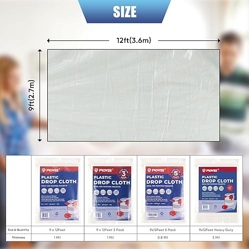 Miniatura 2 de Paquete de 5 paños de plástico de 0.8 mil para pintar láminas de plástico de 9 pies x 12 pies, impermeable, cubierta de piso de plástico para