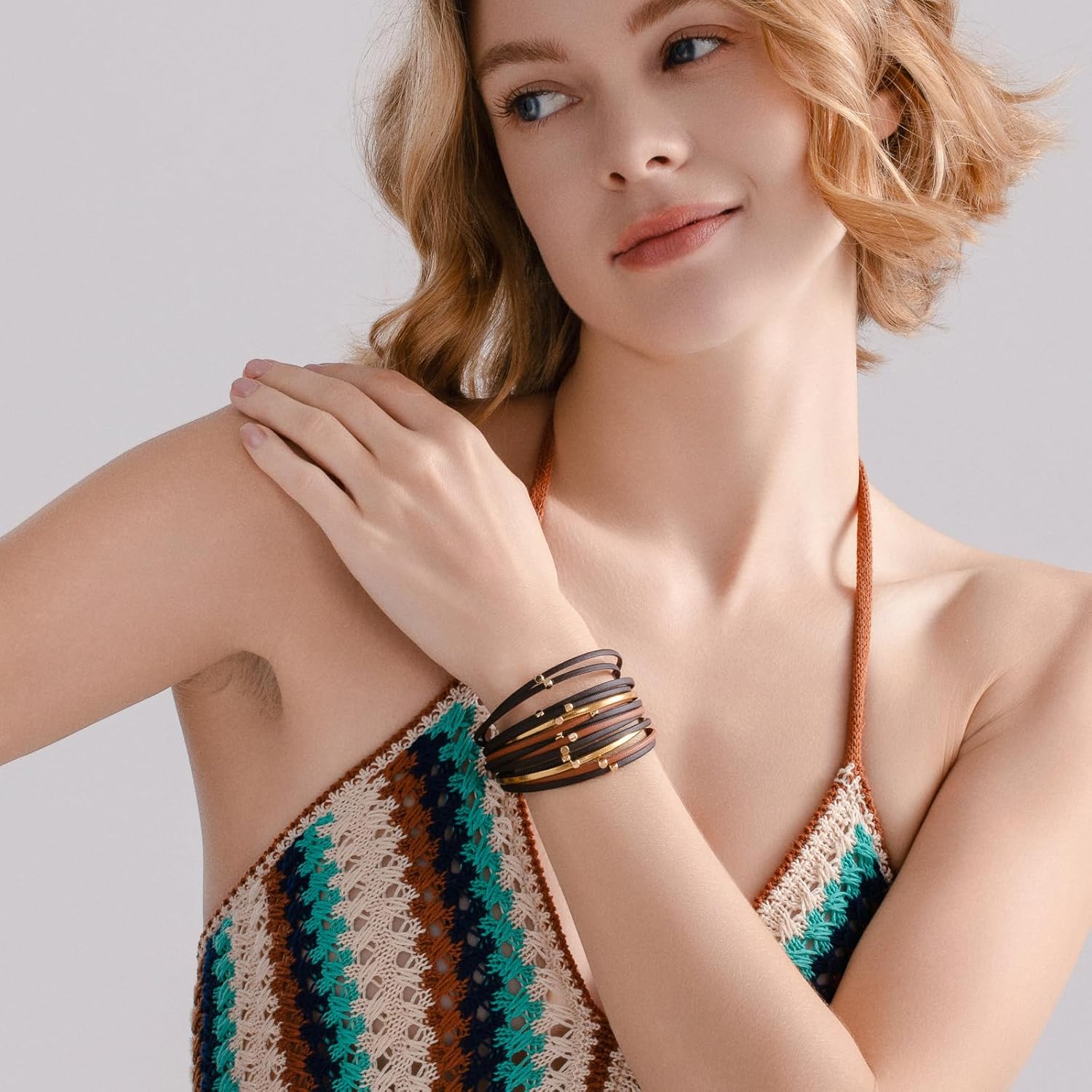 FANCY SHINY Beaded Leather Wrap Bracelets Cute Boho Stackable Bangle Cuff with Magnetic Clasp - Image 3